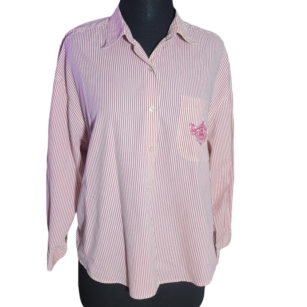 Prides Landing shirt button front embroidered striped sz petite Large